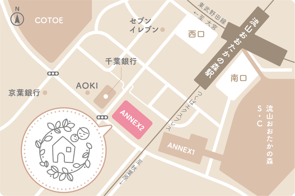 おおたかの森SKIN･CHILDクリニックのアクセスマップ。千葉銀行・AOKIの周辺にあります。